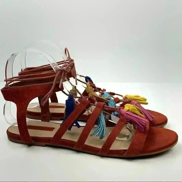 Forever 21 sandals size 8 39 burnt Orange faux suede tassel pom poms gladiator - Picture 3 of 13